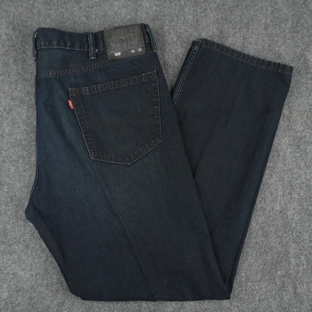 Levi's 505 Jeans Mens‎ 38x32 Dark Wash Regular Fit Straight Leg Blue Denim